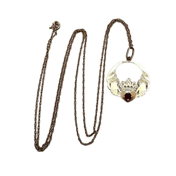 Estate 14k Yellow Gold Red Garnet Celtic Irish Pendant 18 Inch Necklace - Picture 3 of 6